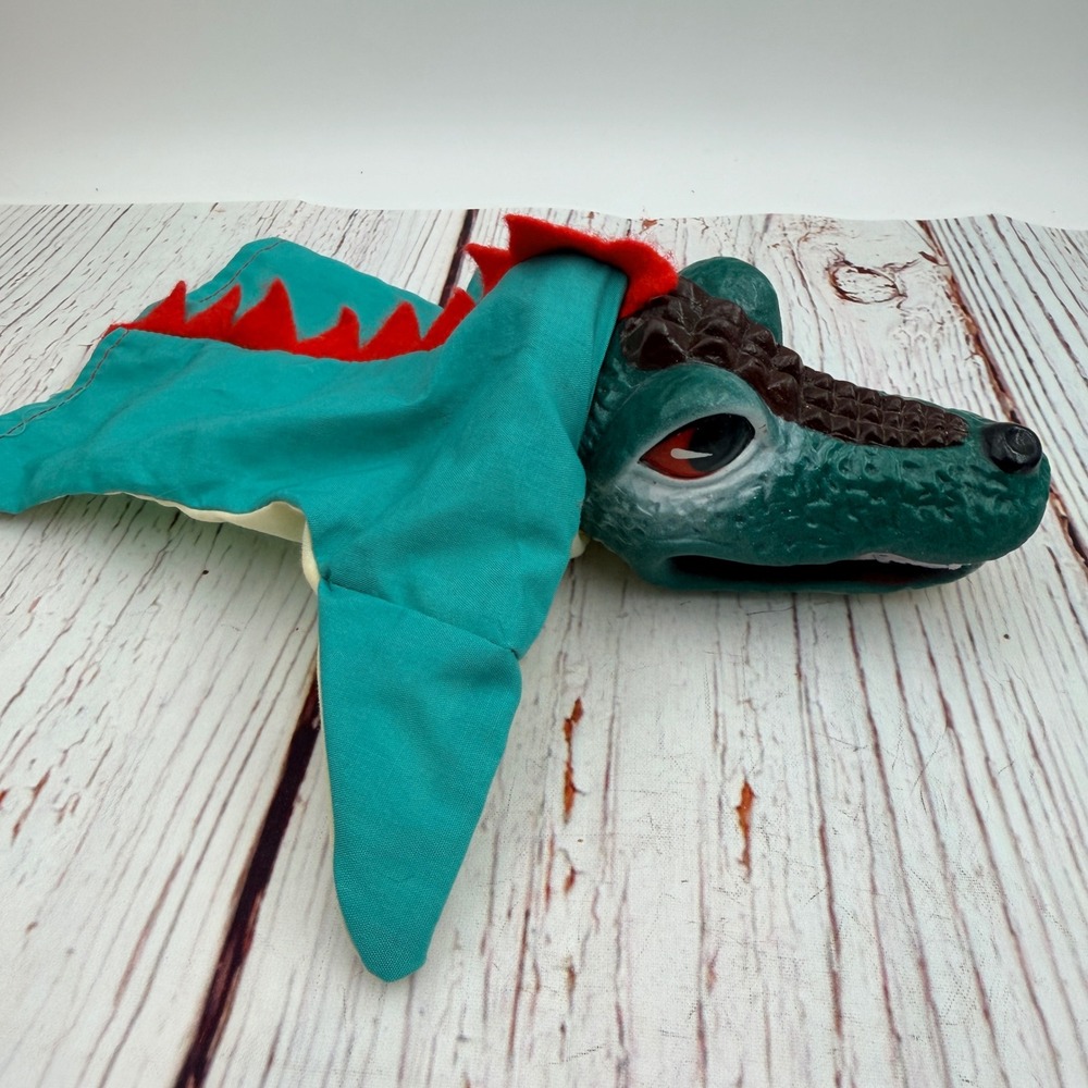 Vintage Rubber Head Crocodile Alligator Hand Puppet Teal Fabric Body 9.5 Inch